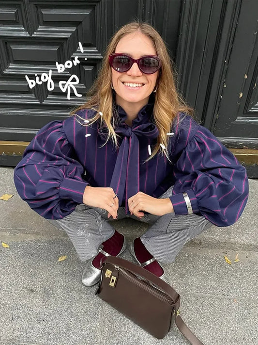 Lace Up Collision Striped Round Neck Blouse blouse-250223