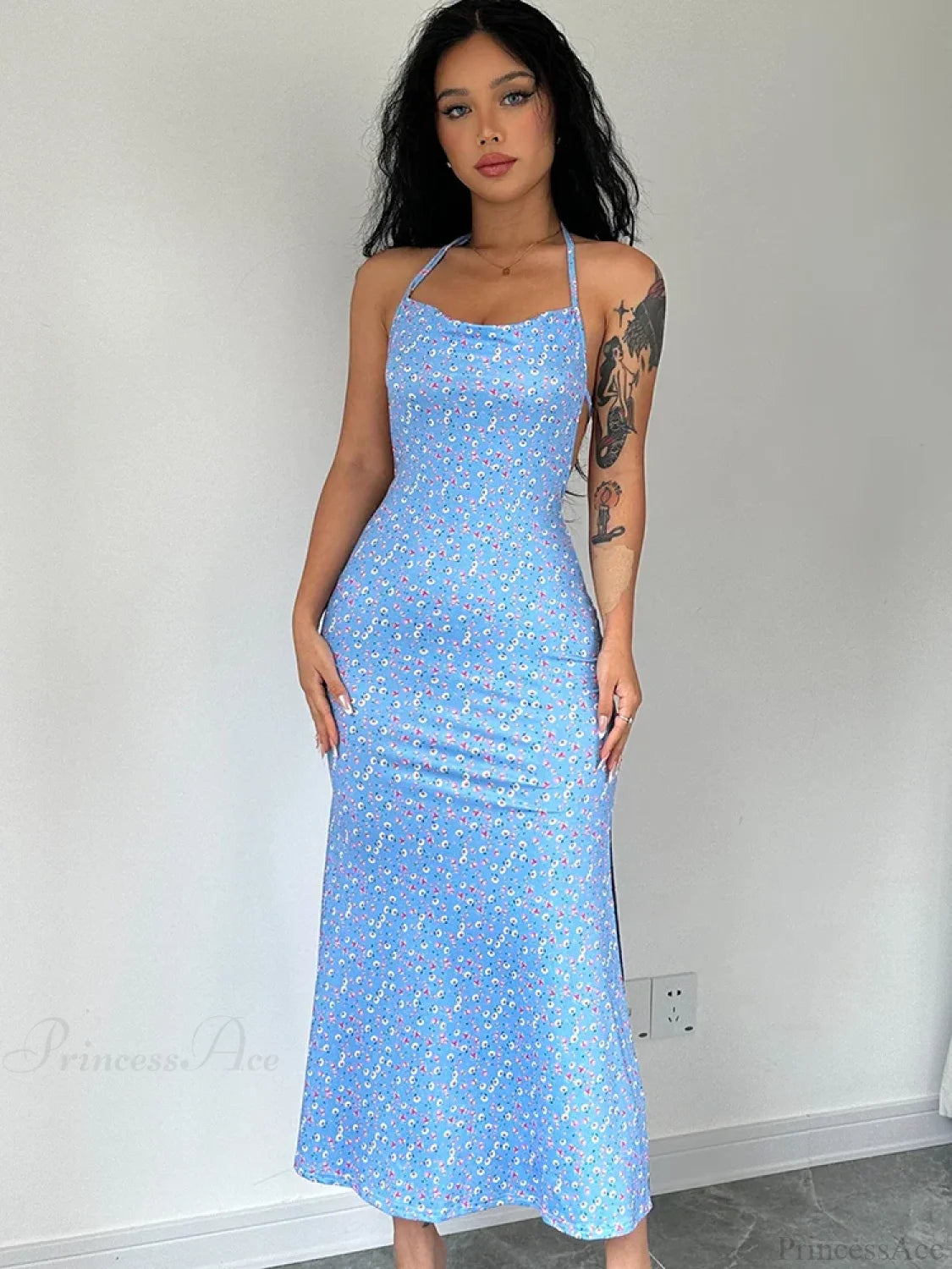 Lace-Up Halter Floral Backless Bodycon Dress Blue / S floraldress-250126