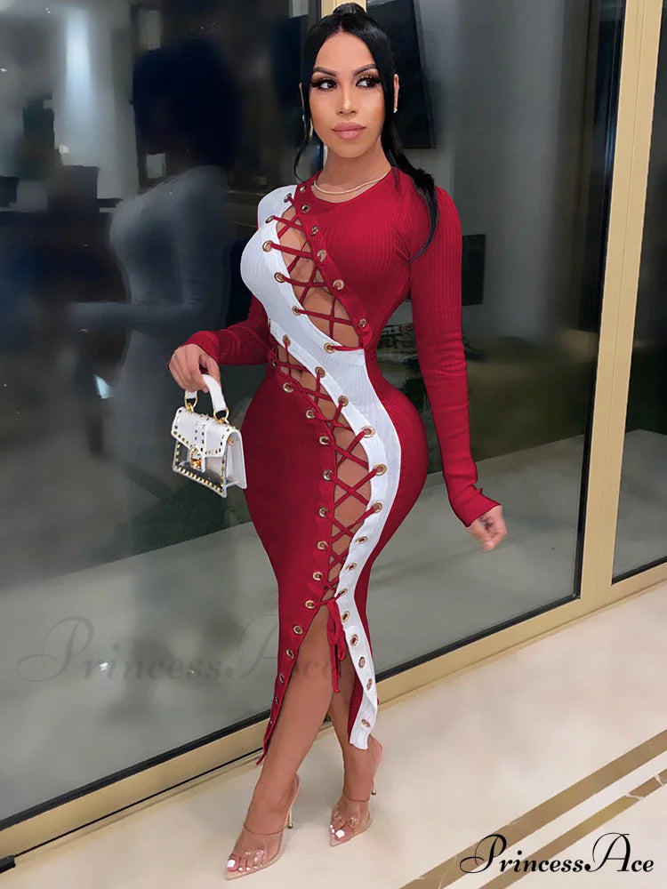 Lace Up Knitted Trendy Crop Cami Top Wine Red / L Dresses