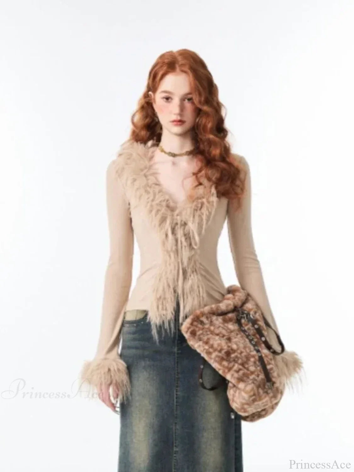 Lace Up Plush V-neck Cardigan Apricot TOPS / S