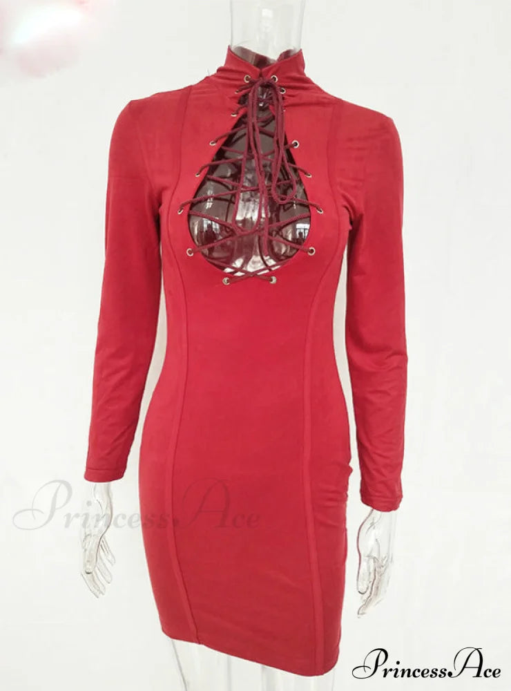 Lace Up Sheath Mini Dress With Long Sleeves M / Gray Dresses