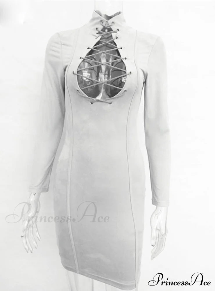 Lace Up Sheath Mini Dress With Long Sleeves M / Yellow Dresses