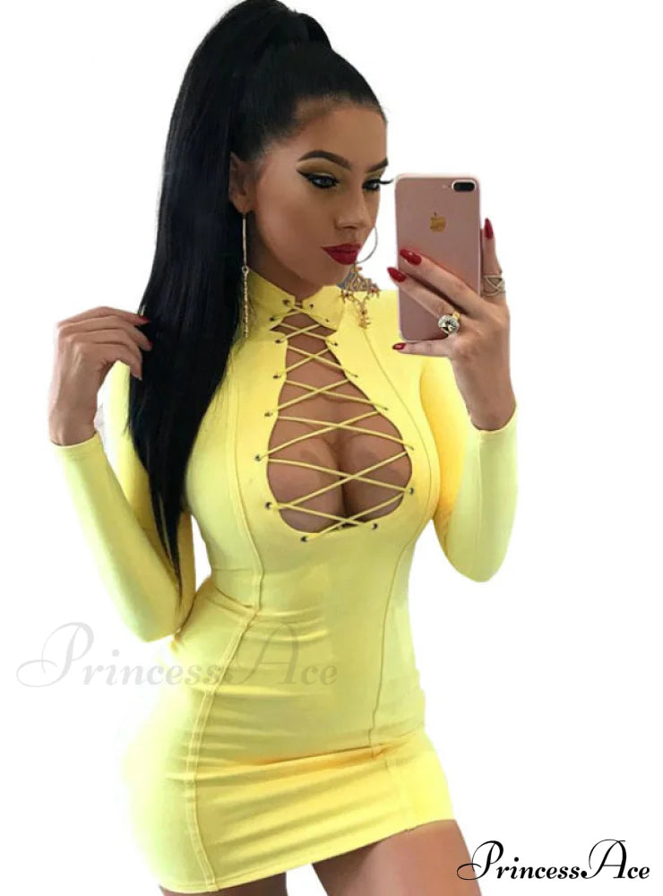 Lace Up Sheath Mini Dress With Long Sleeves S / Yellow Dresses