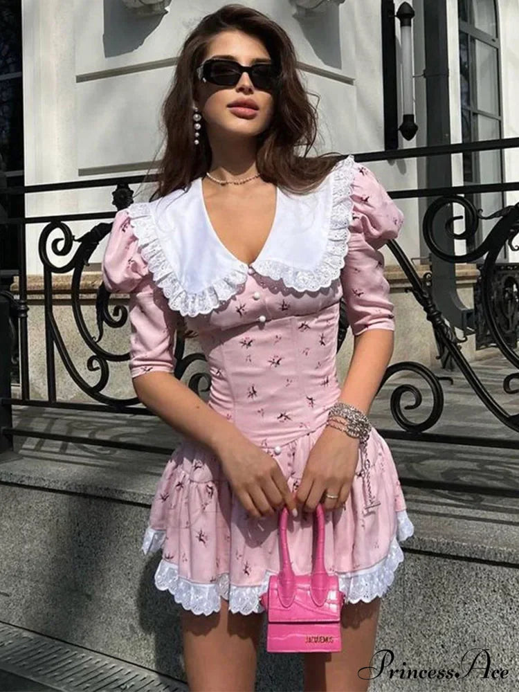 Lace-Up Slim Luxury Lace Turn Collar Short Sleeve Folds Es Femme Party Retro Lady Floral Dress