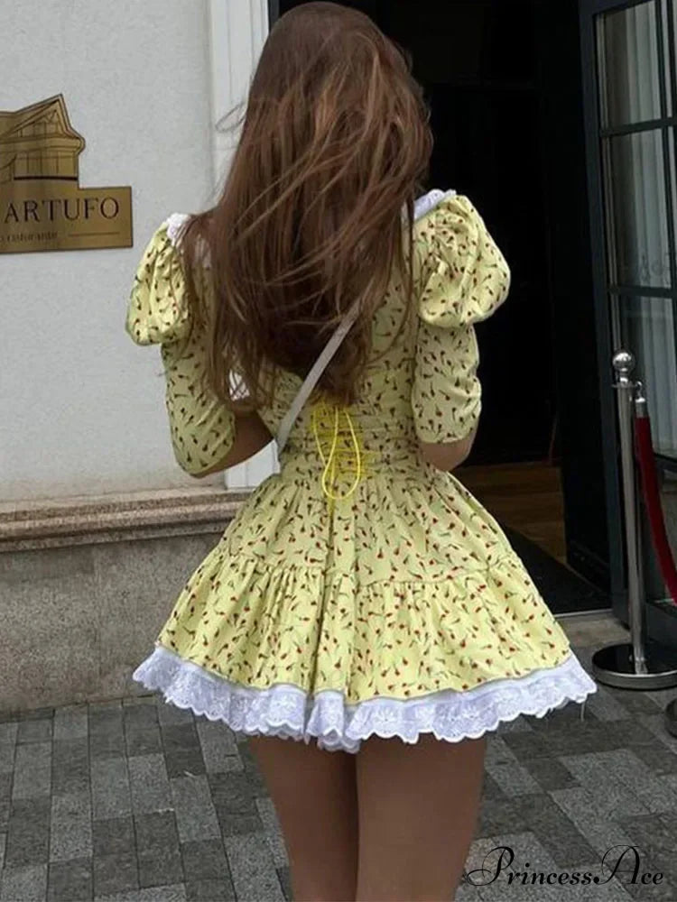Lace-Up Slim Luxury Lace Turn Collar Short Sleeve Folds Es Femme Party Retro Lady Floral Dress