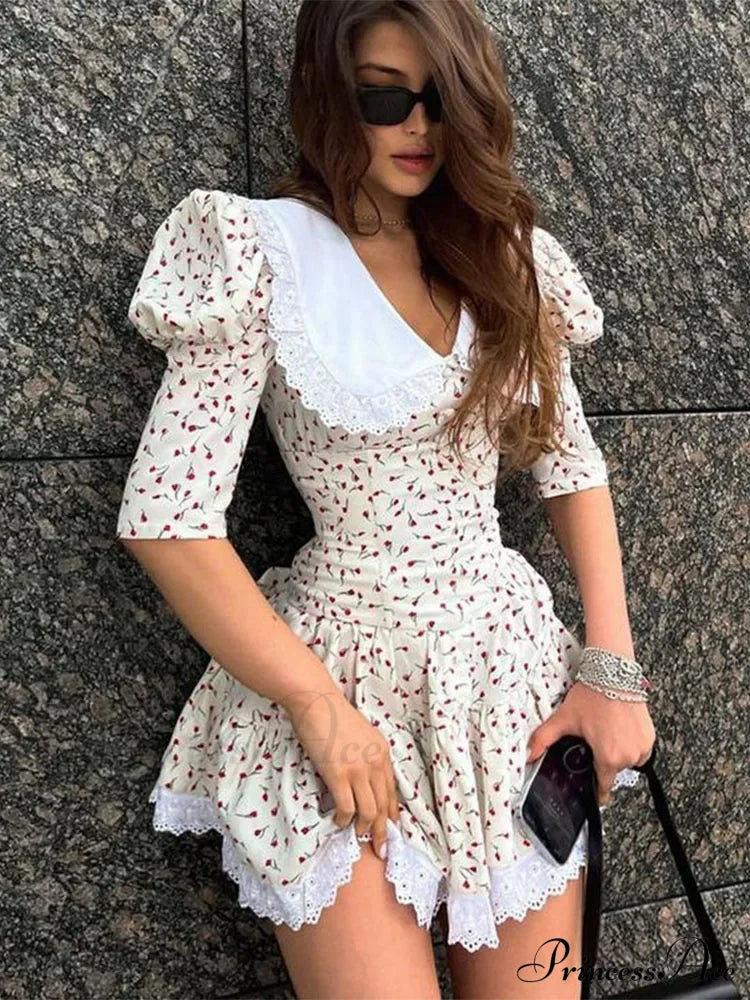 Lace-Up Slim Luxury Lace Turn Collar Short Sleeve Folds Es Femme Party Retro Lady Floral Dress