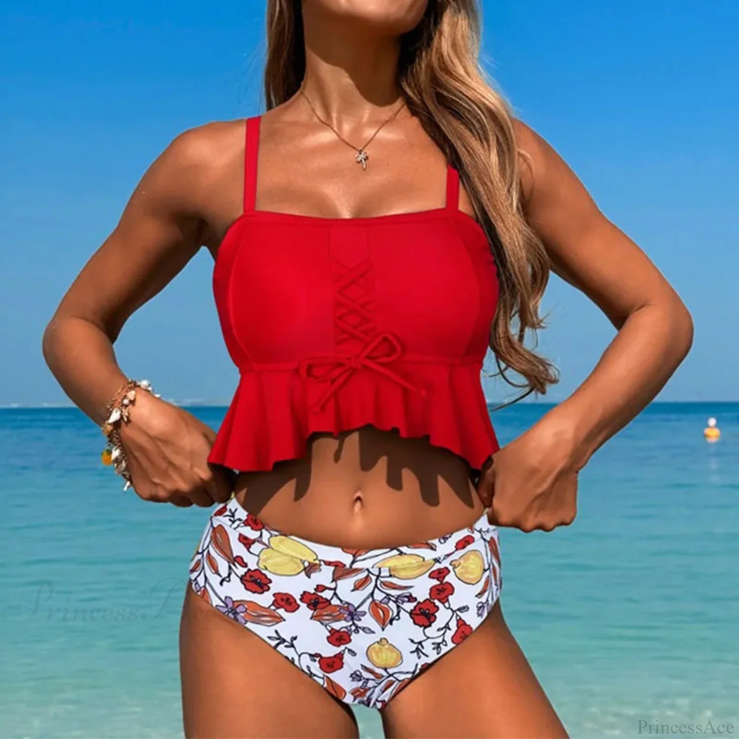 Lace Up Spaghetti Strap Two Piece Set Red / S