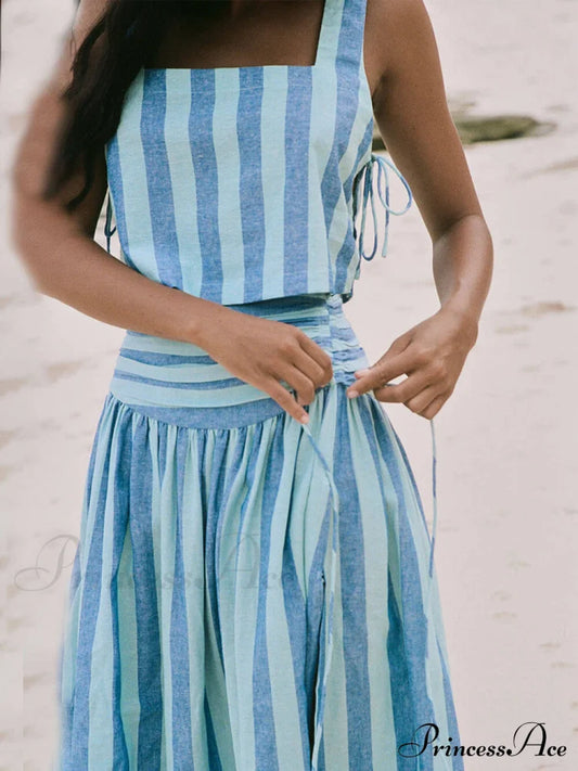 Lace-Up Tank And Ruched Graceful Waist Midi Skirt Set Dresses