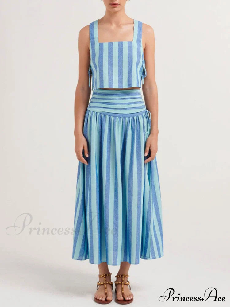 Lace-Up Tank And Ruched Graceful Waist Midi Skirt Set Dresses