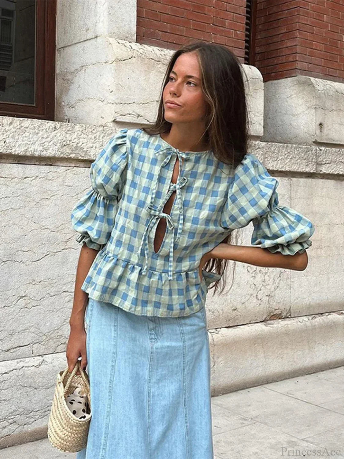 Lace-Up Tie-Up Puff Sleeve Midi Blouse blouse-250223