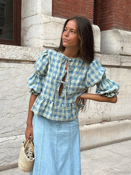 Lace-Up Tie-Up Puff Sleeve Midi Blouse blouse-250223