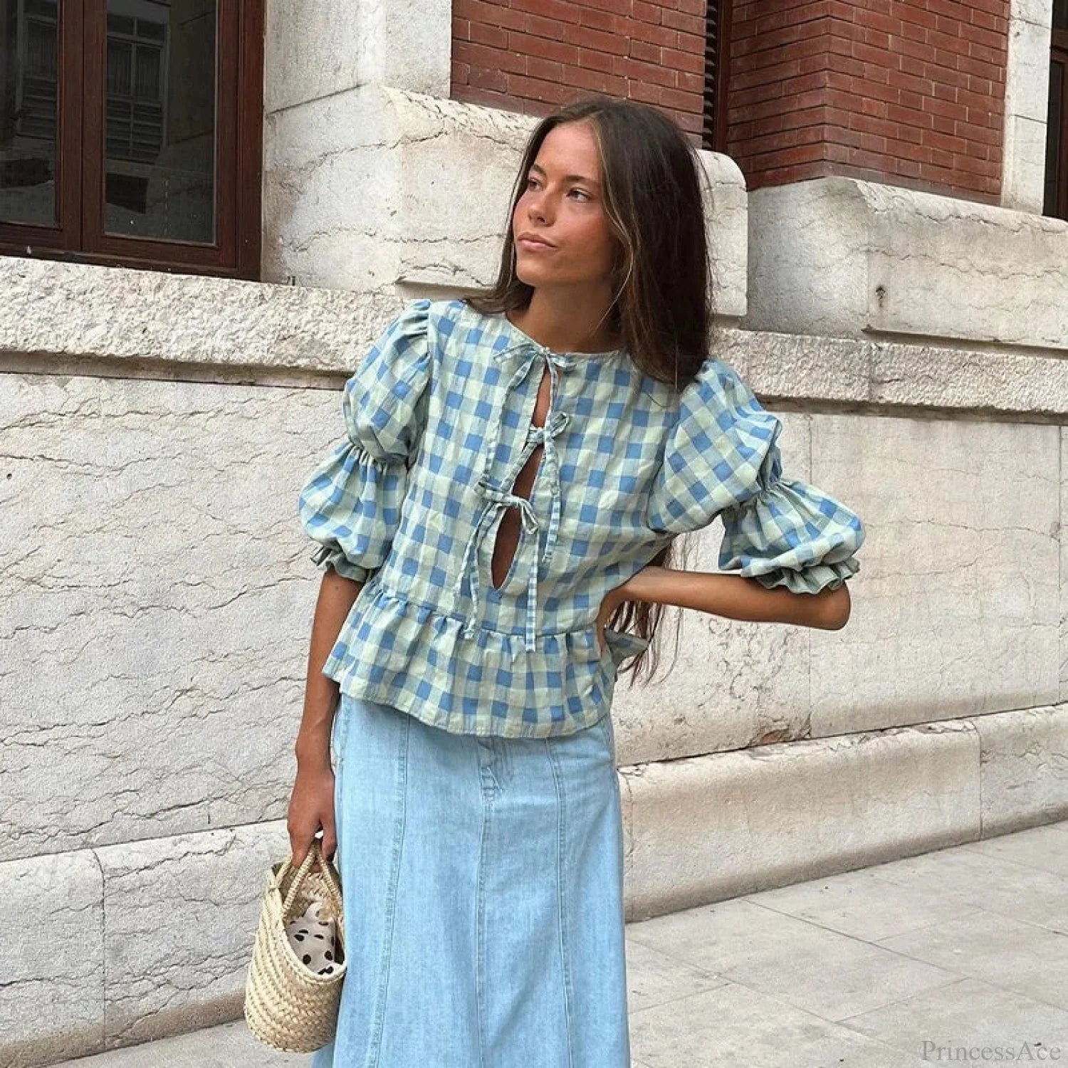 Lace-Up Tie-Up Puff Sleeve Midi Blouse Blue / S blouse-250223