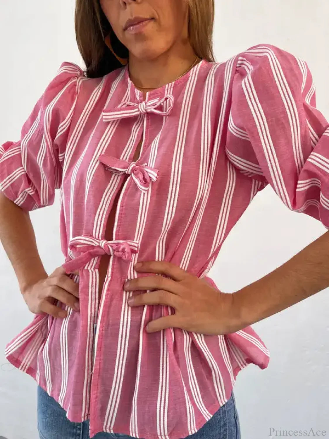 Lace-Up Tie-Up Puff Sleeve Midi Blouse pink b / S blouse-250223