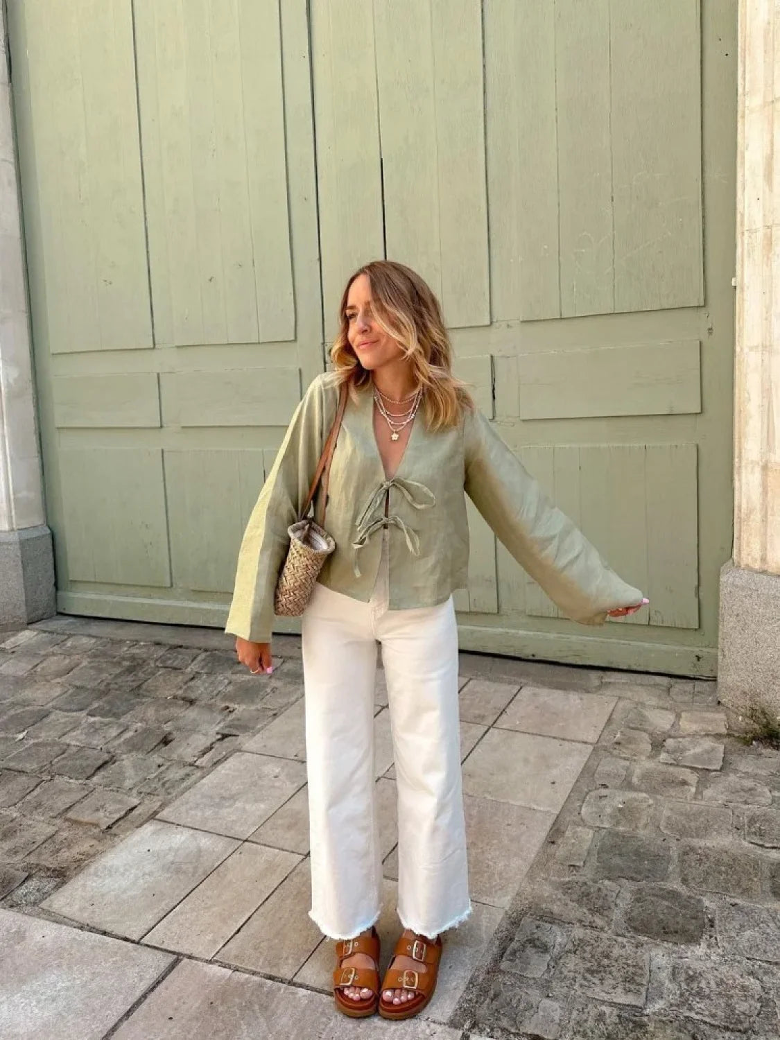 Lace-Up V-neck Loose Casual Long Sleeve Blouse blouse-250126