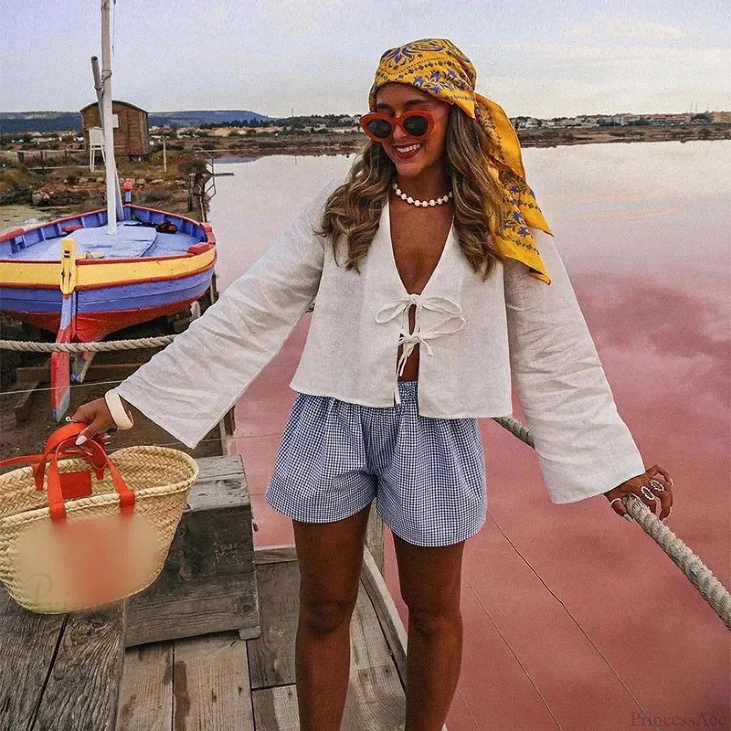 Lace-Up V-neck Loose Casual Long Sleeve Blouse White / S blouse-250126