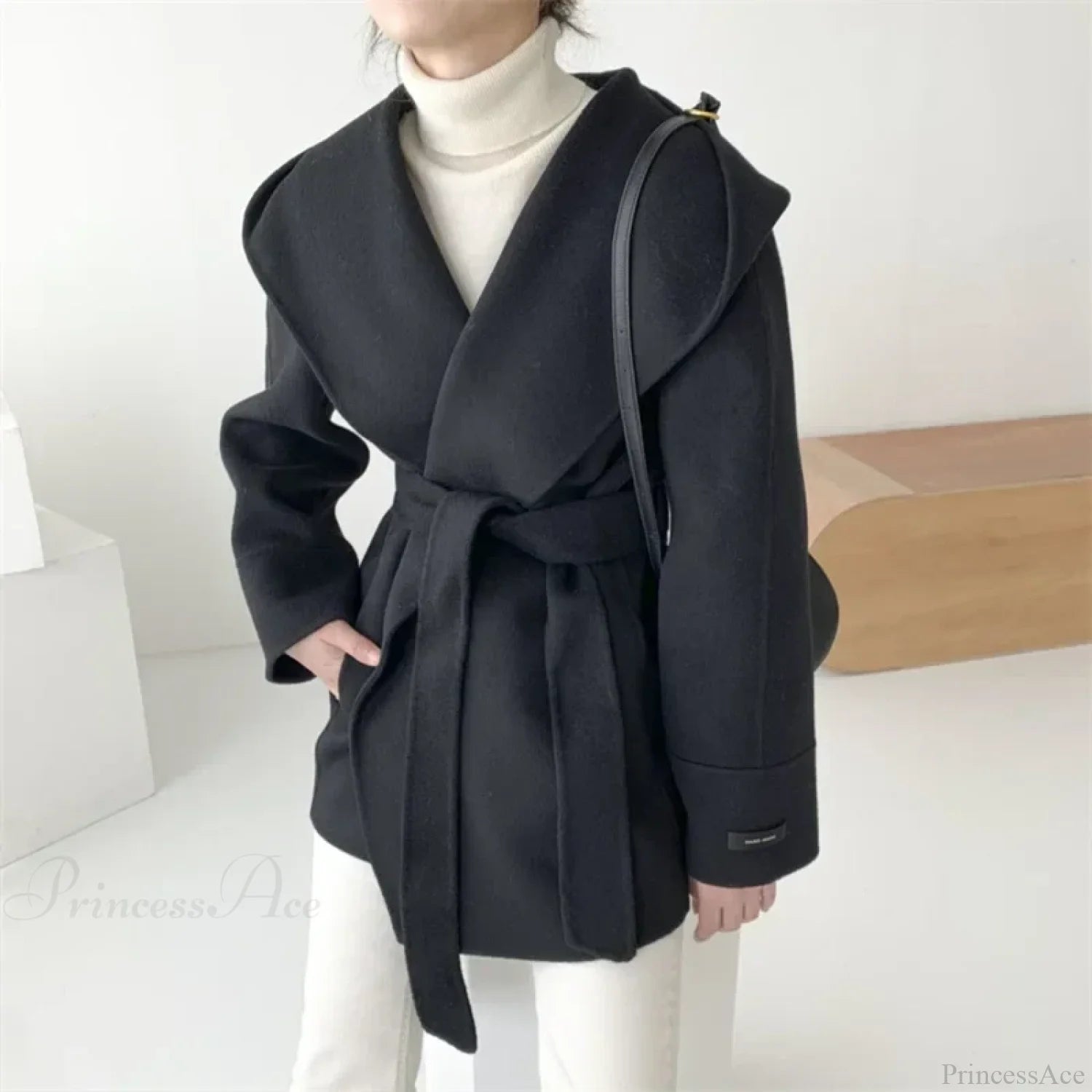 Lace-Up Woolen Hooded Jacket Overcoat