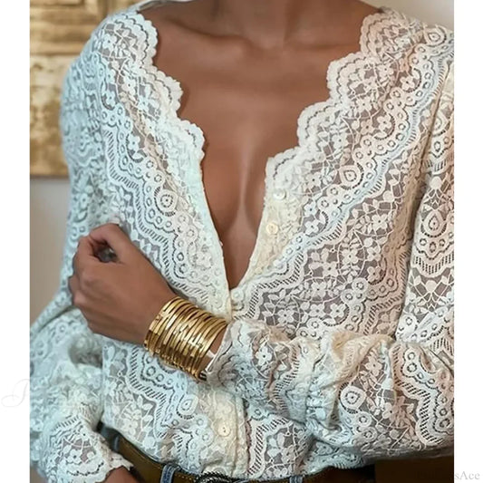 Lace V-Neck Floral Vintage Elegant Long Sleeve Boho Blouse bohoblouse-250126