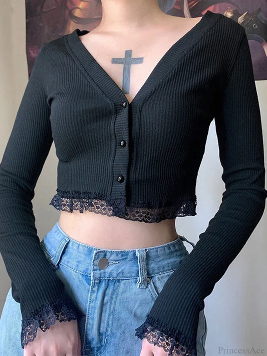 Lace V-neck Knit Top Black / S