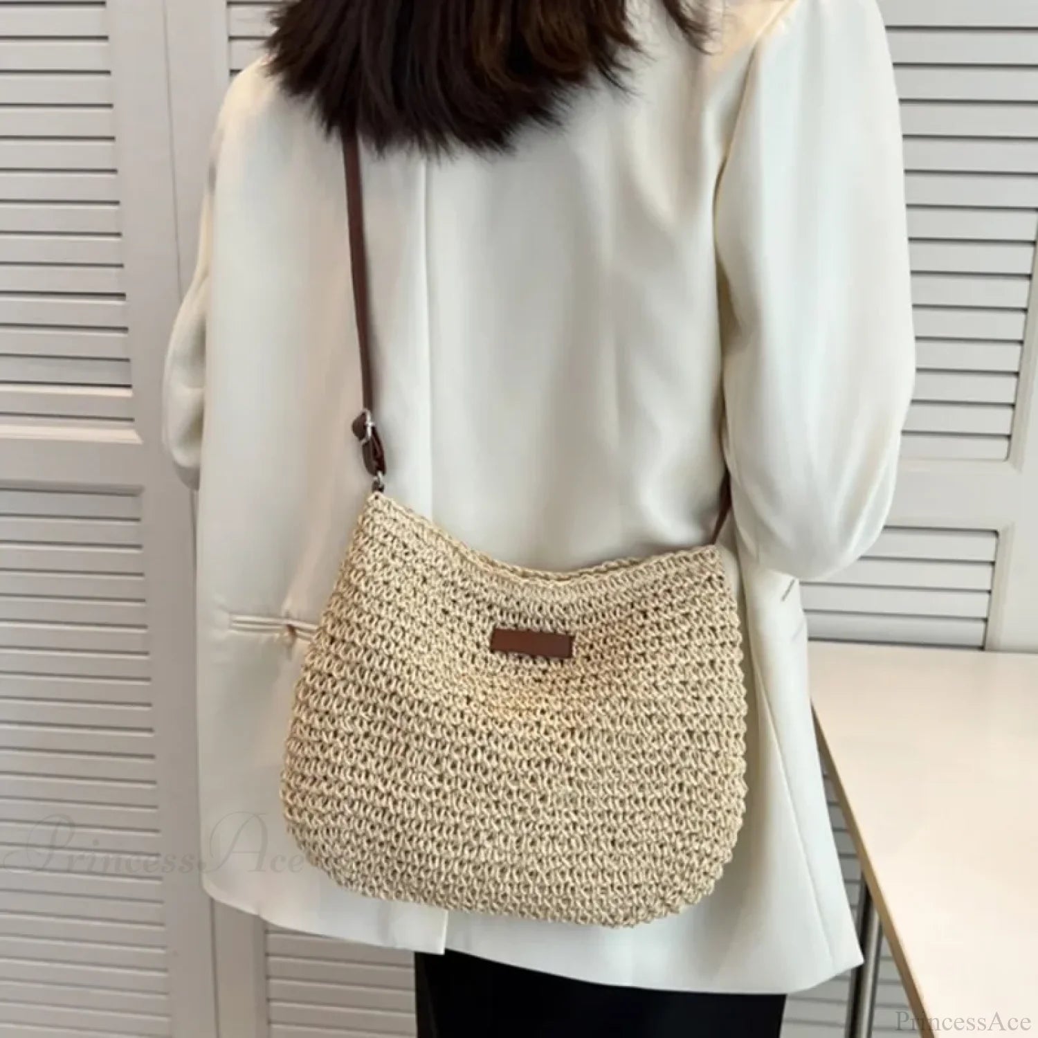 Ladies Summer Straw Crossbody Shoulder Bag Beige / 29x24x6cm shoulder-250126