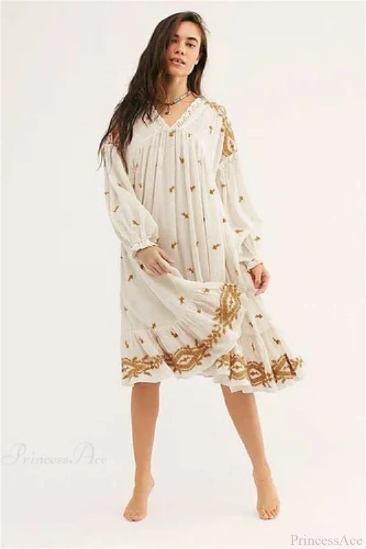 Lantern Long Sleeve Cotton Rayon Embroidery Dress Creamy-white / S bohodress-250126