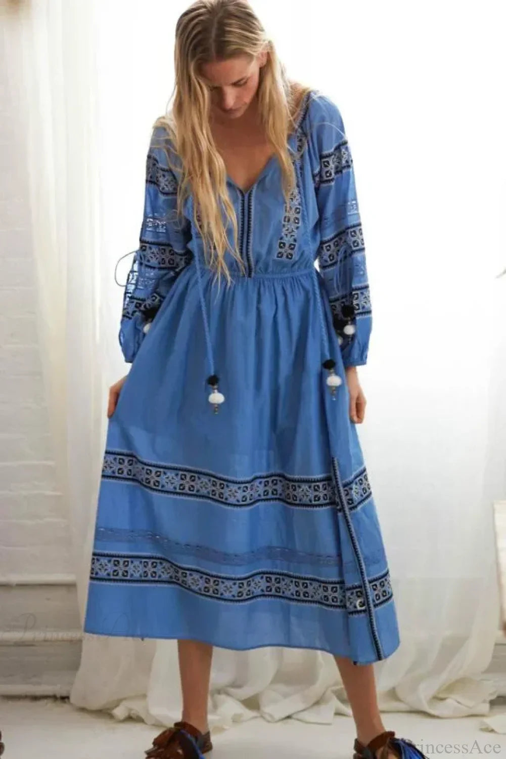 Lantern Long Sleeve Lace Maxi Boho Dress Blue / S bohodress-250126