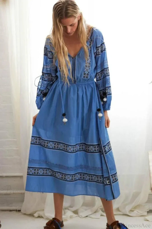 Lantern Long Sleeve Lace Maxi Boho Dress Blue / S bohodress-250126