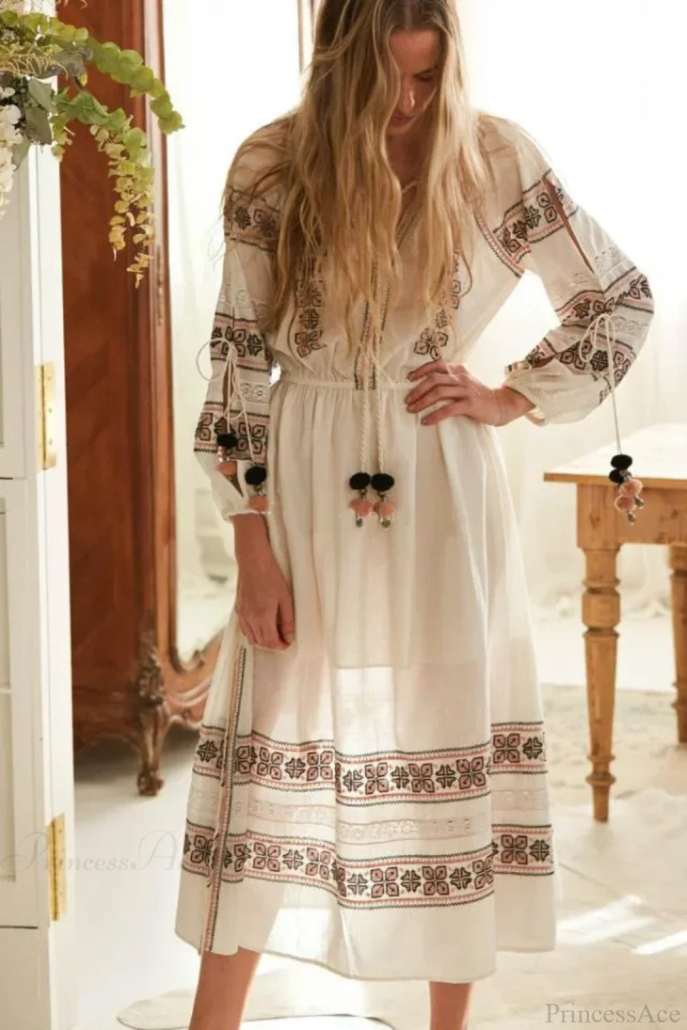 Lantern Long Sleeve Lace Maxi Boho Dress WHITE / S bohodress-250126