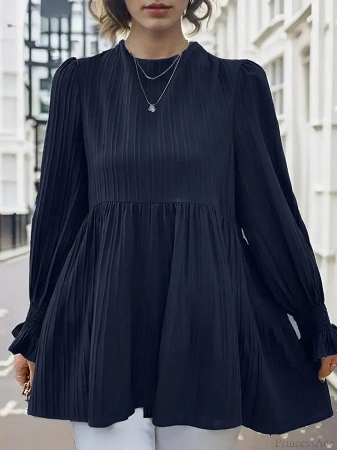 Lantern Long Sleeve Pleated Blouse Casual Blouse Dark Blue / S blouse-250126