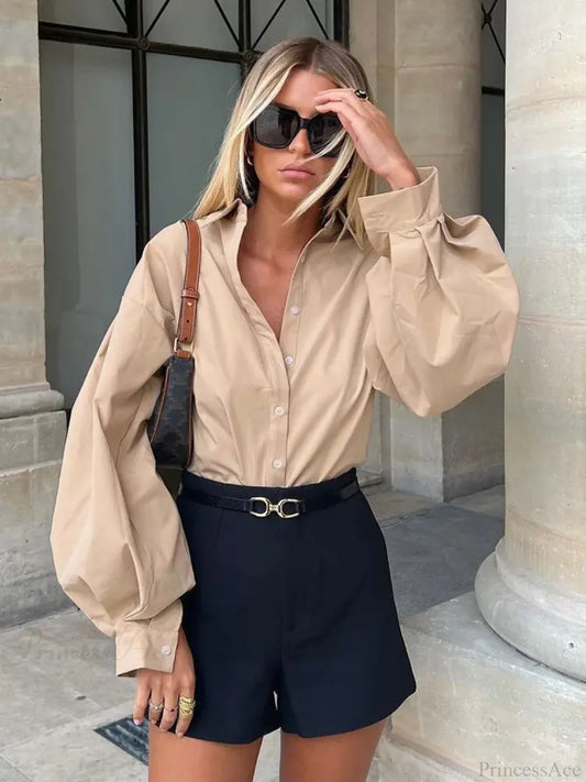 Lantern Sleeve Button Collar Blouse blouse-250223