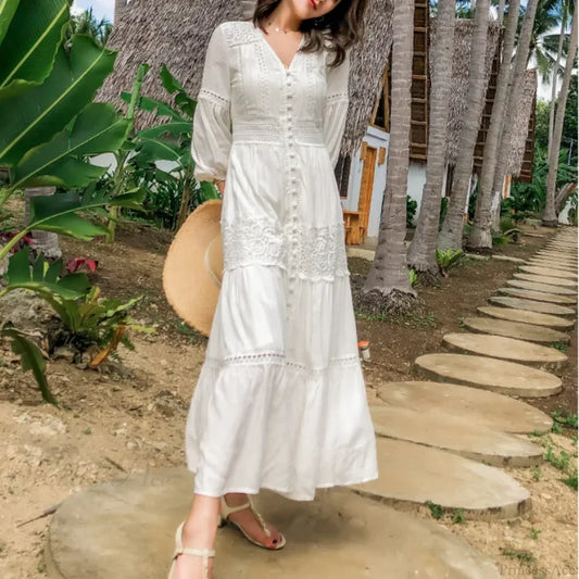 Lantern Sleeve Cotton Rayon Lace Splice Long Dress Vintage White V-neck bohodress-250126