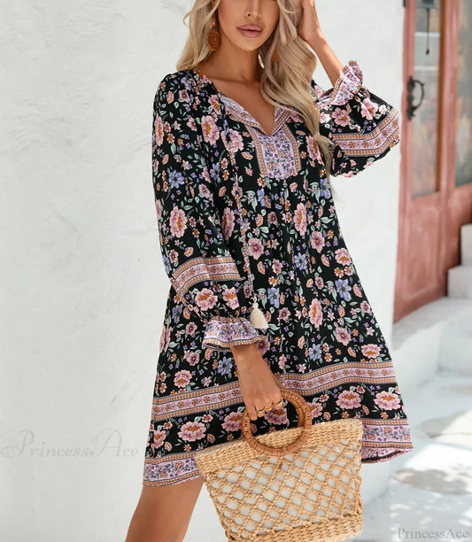 Lantern Sleeve Floral Boho Dress bohodress-250126