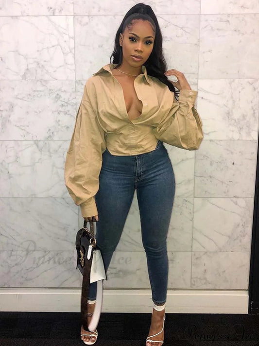 Lantern Sleeve Graceful Belted Shirt Dress Shirts & Tops