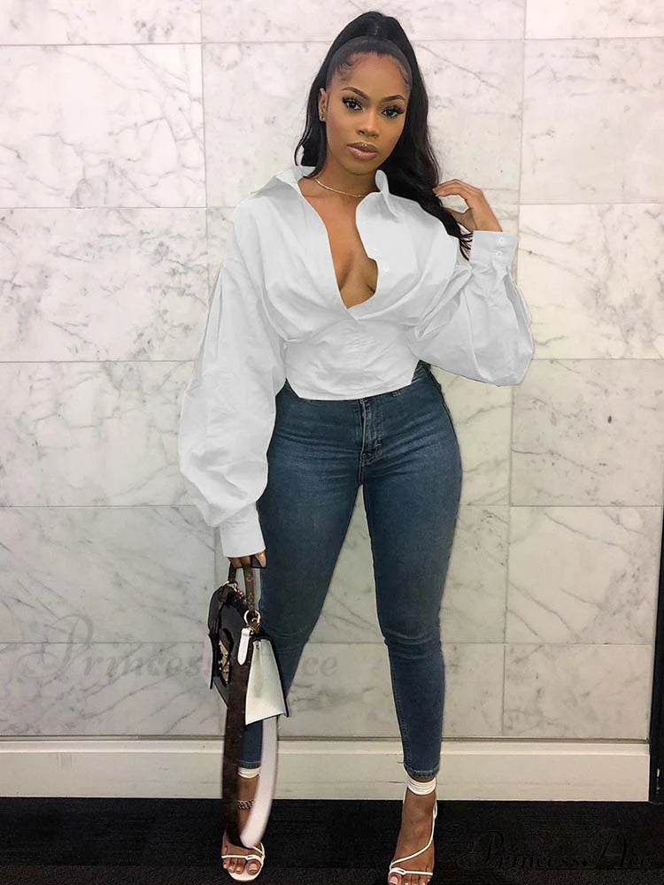 Lantern Sleeve Graceful Belted Shirt Dress White / M Shirts & Tops