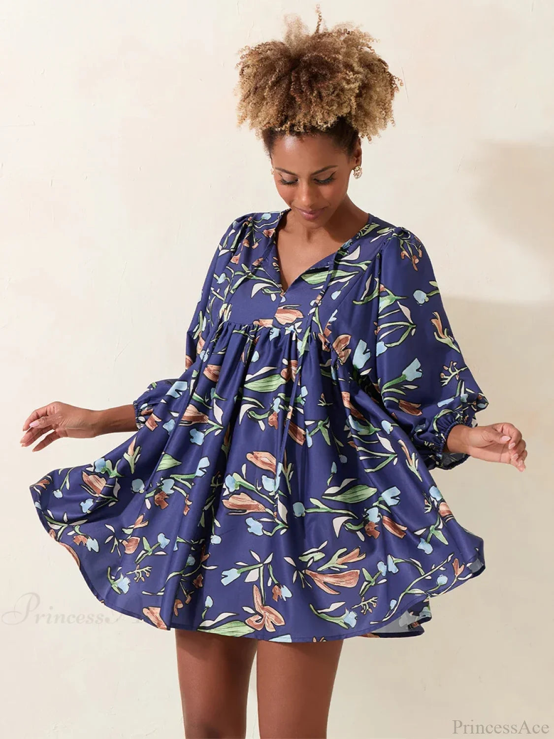 Lantern Sleeve Loose Floral Tied Bodydoll Short Floral Dress floraldress-250126