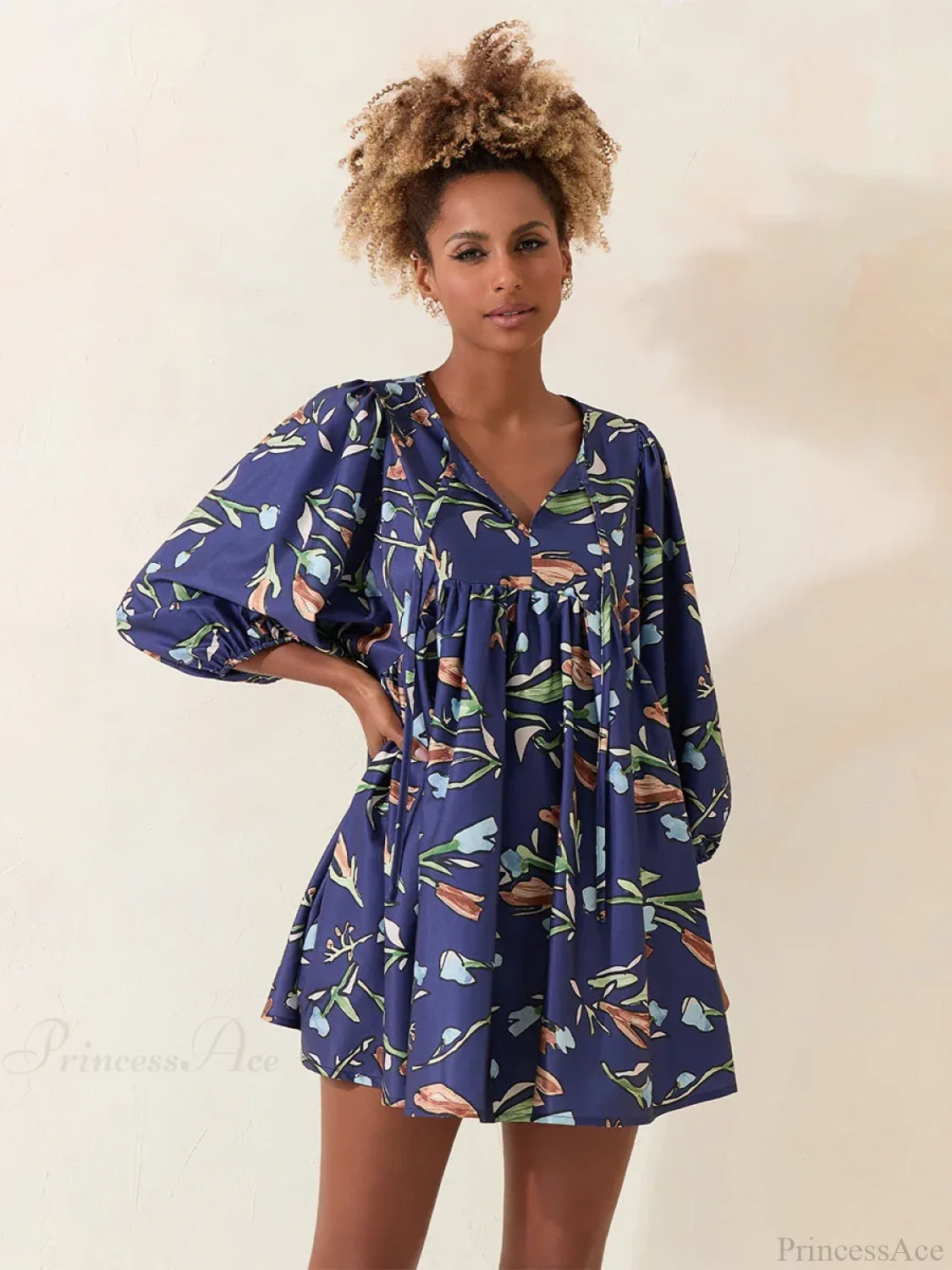 Lantern Sleeve Loose Floral Tied Bodydoll Short Floral Dress floraldress-250126