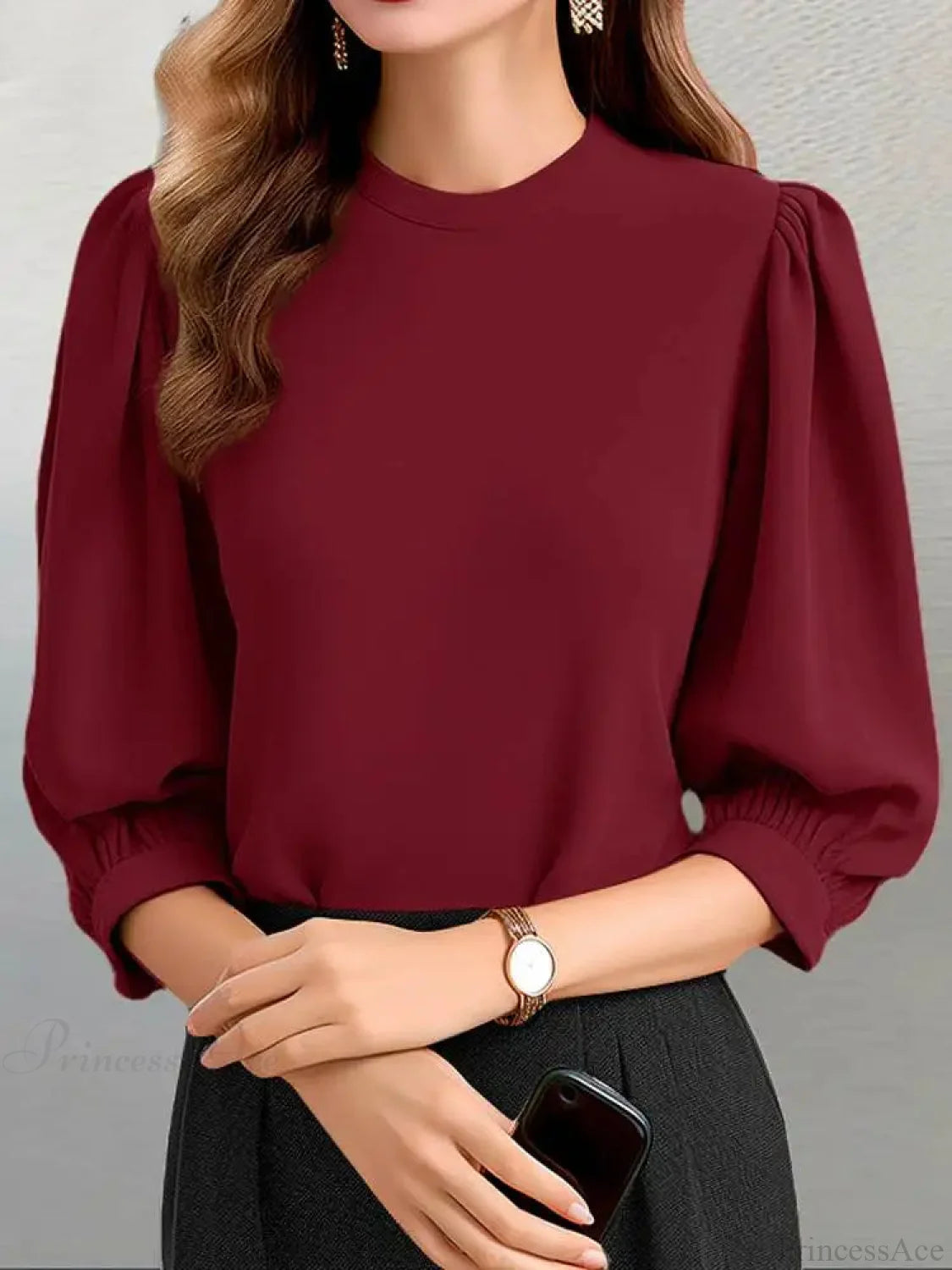Lantern Sleeve O-neck Casual Party Tunic Blouse Red / S blouse-250126