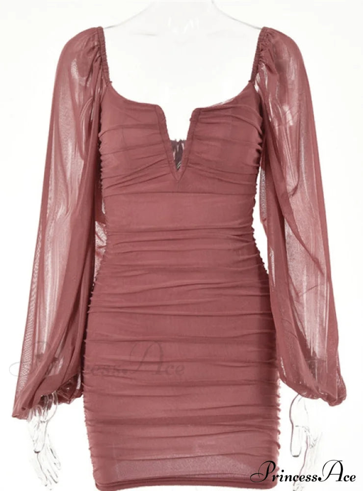 Lantern Sleeve Ruched Bodycon Dress With V-Cut M / Green Dresses