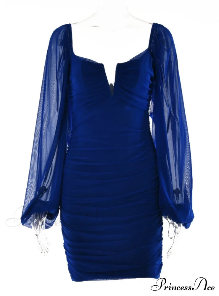 Lantern Sleeve Ruched Bodycon Dress With V-Cut M / White Dresses