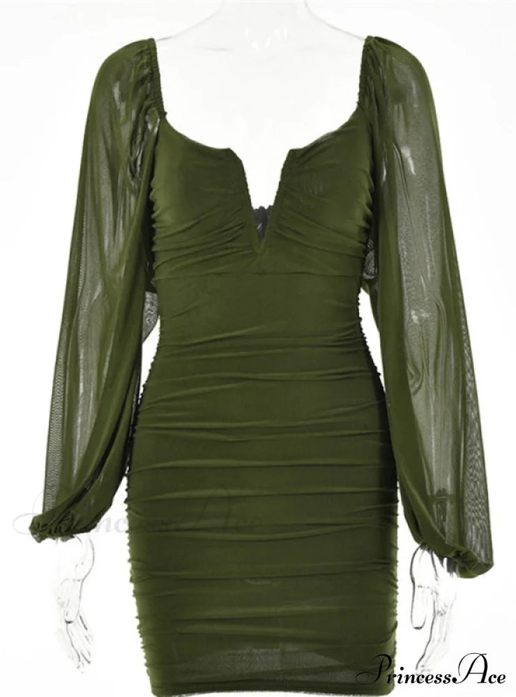 Lantern Sleeve Ruched Bodycon Dress With V-Cut S / Black Dresses