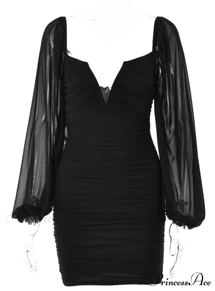 Lantern Sleeve Ruched Bodycon Dress With V-Cut S / Orange Dresses