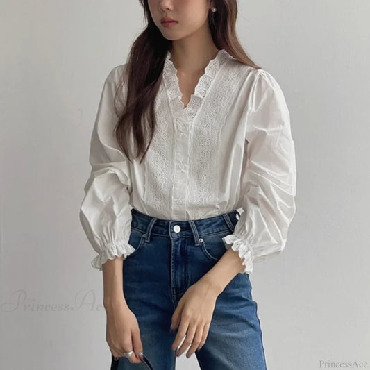 Lantern Sleeve Ruffles V-Neck Cotton Boho Office Blouse white / One Size bohoblouse-250126