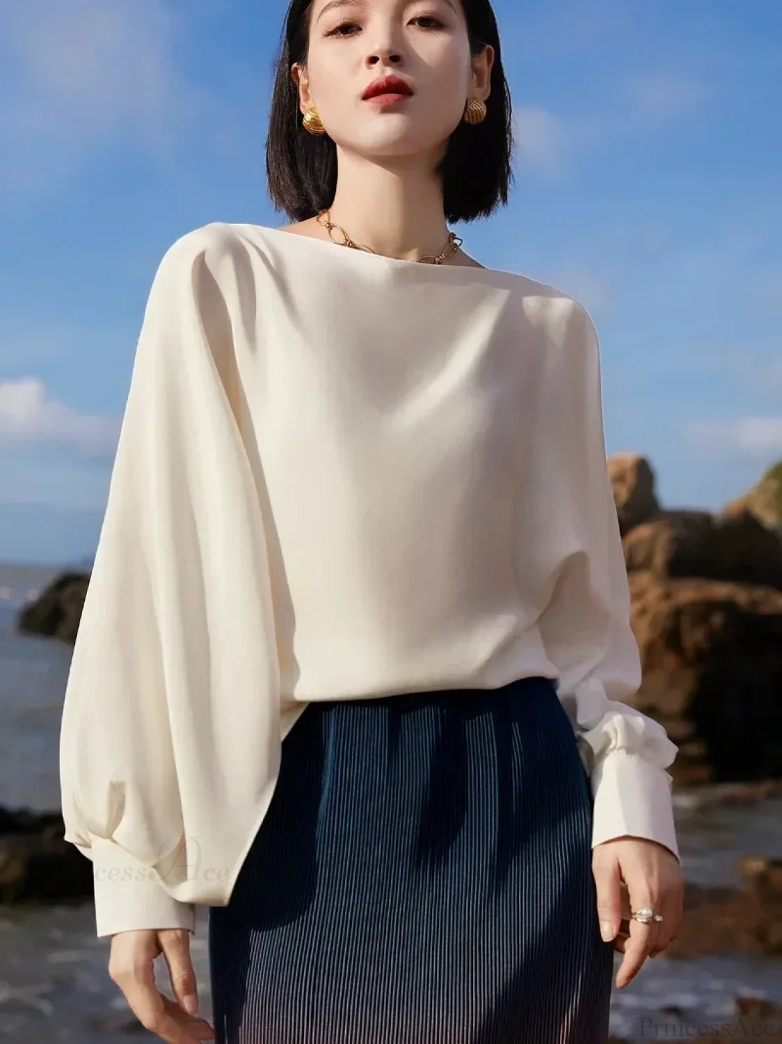 Lantern Sleeve Satin Casual Blouse Fashion Blouse clotted cream / S blouse-250126