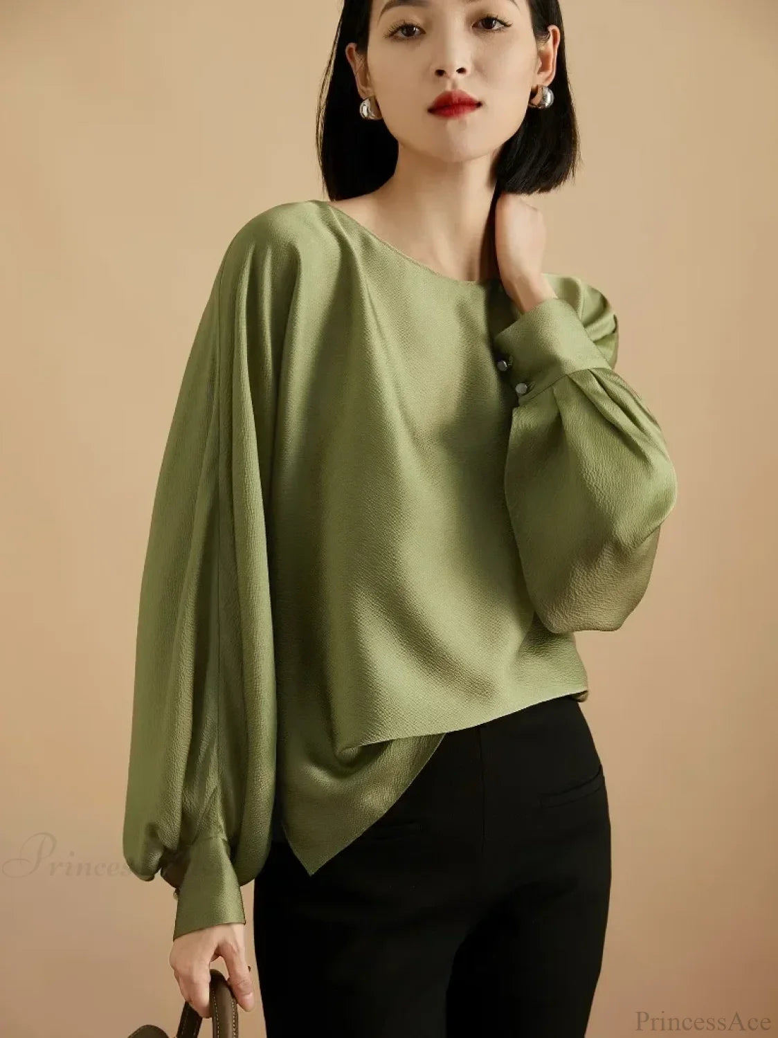 Lantern Sleeve Satin Casual Blouse Fashion Blouse Windblown pine / S blouse-250126