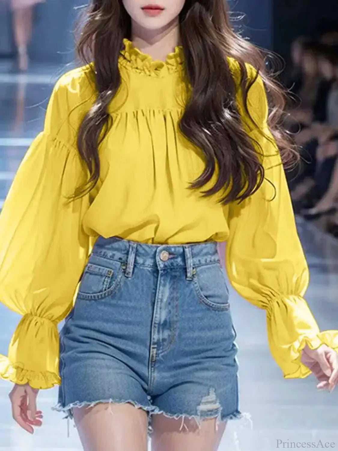 Lantern Sleeve Solid Stand Collar Blouse Yellow / S blouse-250126