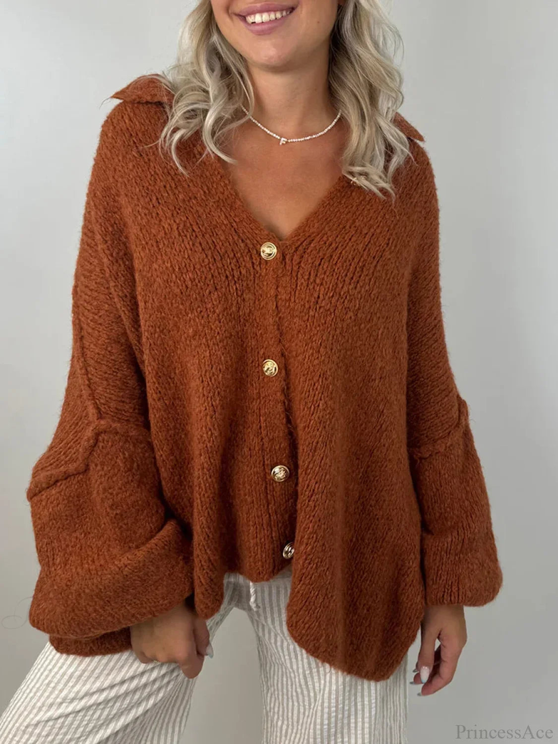 Lantern Sleeve Stand Collar Cardigan Dark Brown / S