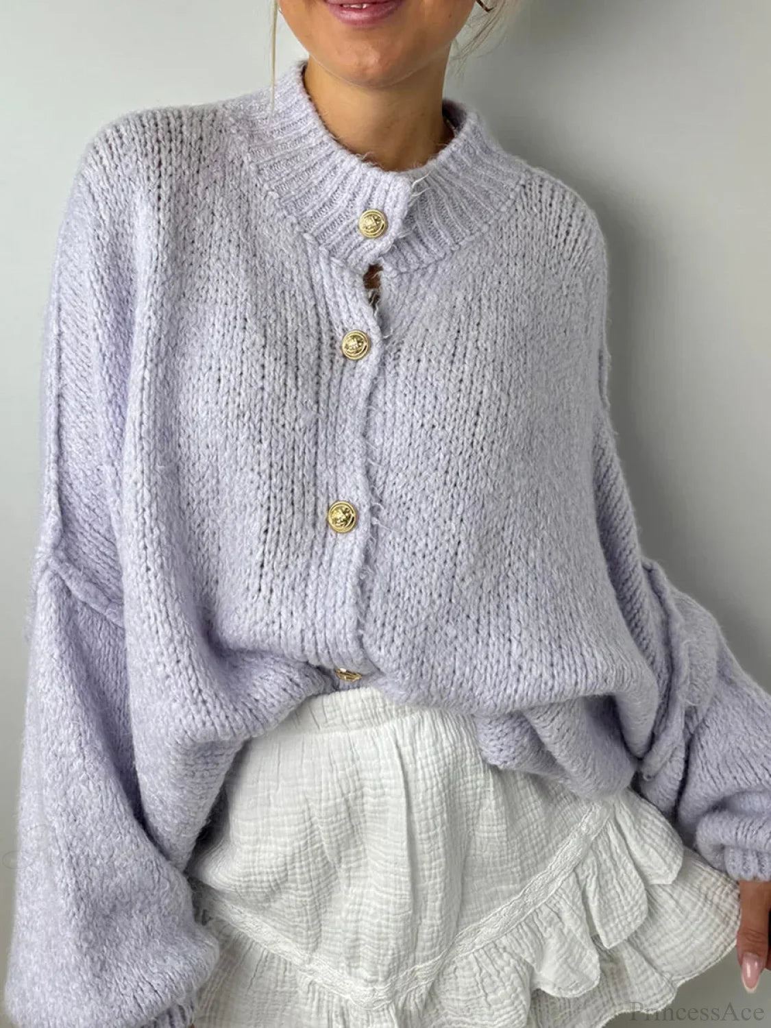 Lantern Sleeve Stand Collar Cardigan Light Purple / S