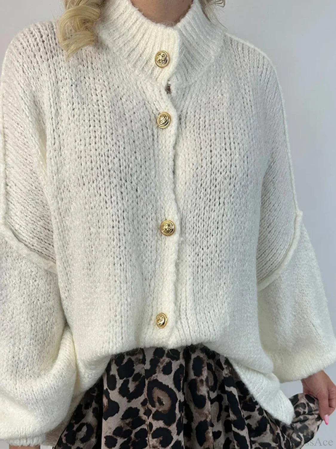 Lantern Sleeve Stand Collar Cardigan Milky White / S