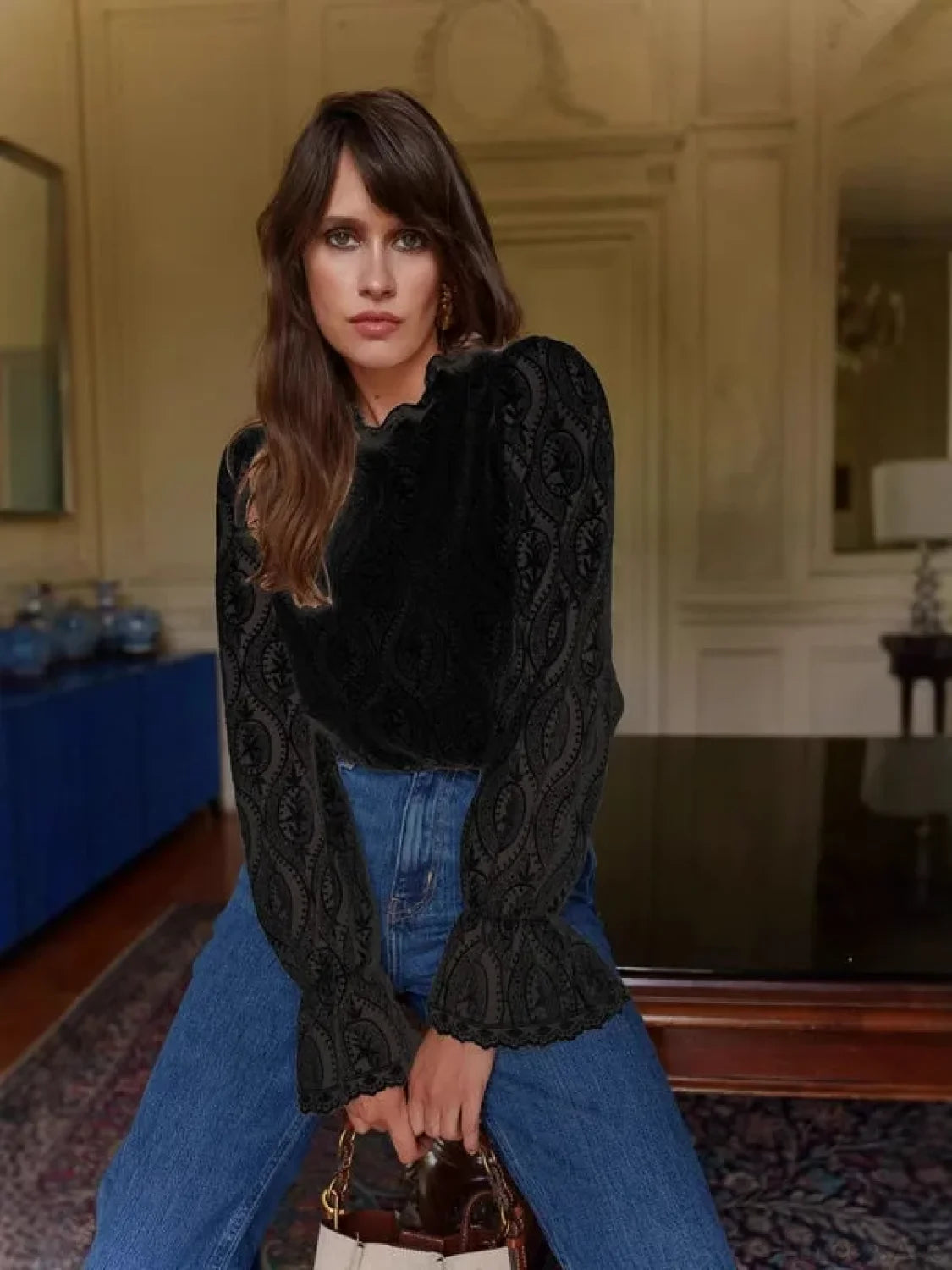 Lantern Sleeve Stand Neck Floral Boho Blouse Black / M bohoblouse-250126