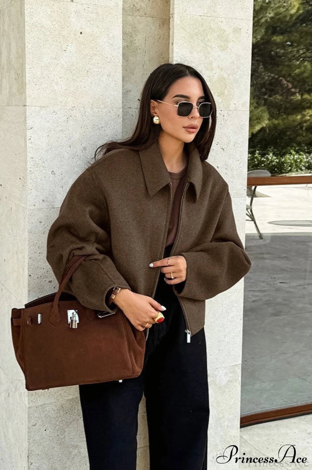 Lapel Long-Sleeve Zip Loose Woolen Jacket