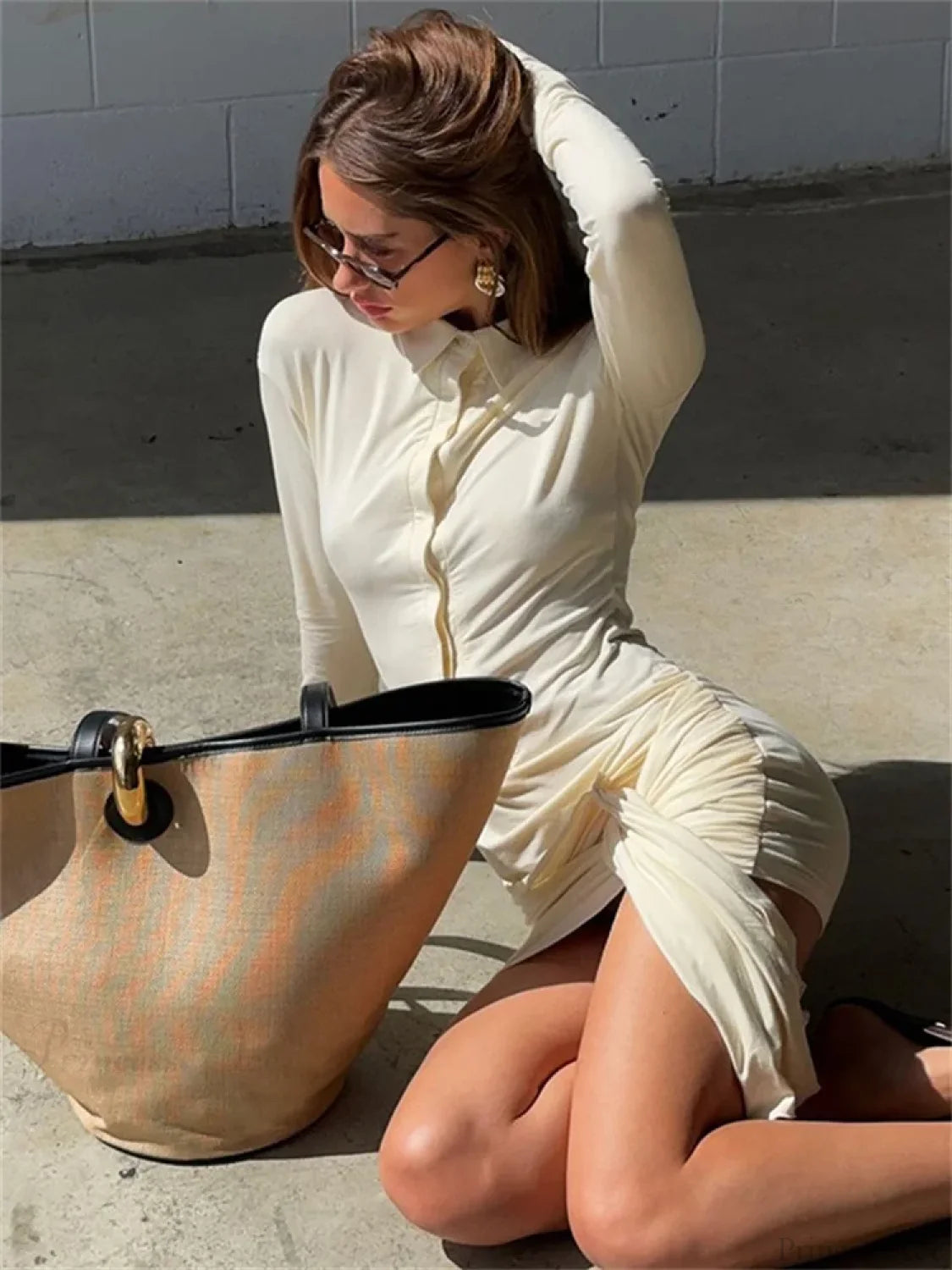 Lapel Pleated See-Through Mini Dress minidress-250223